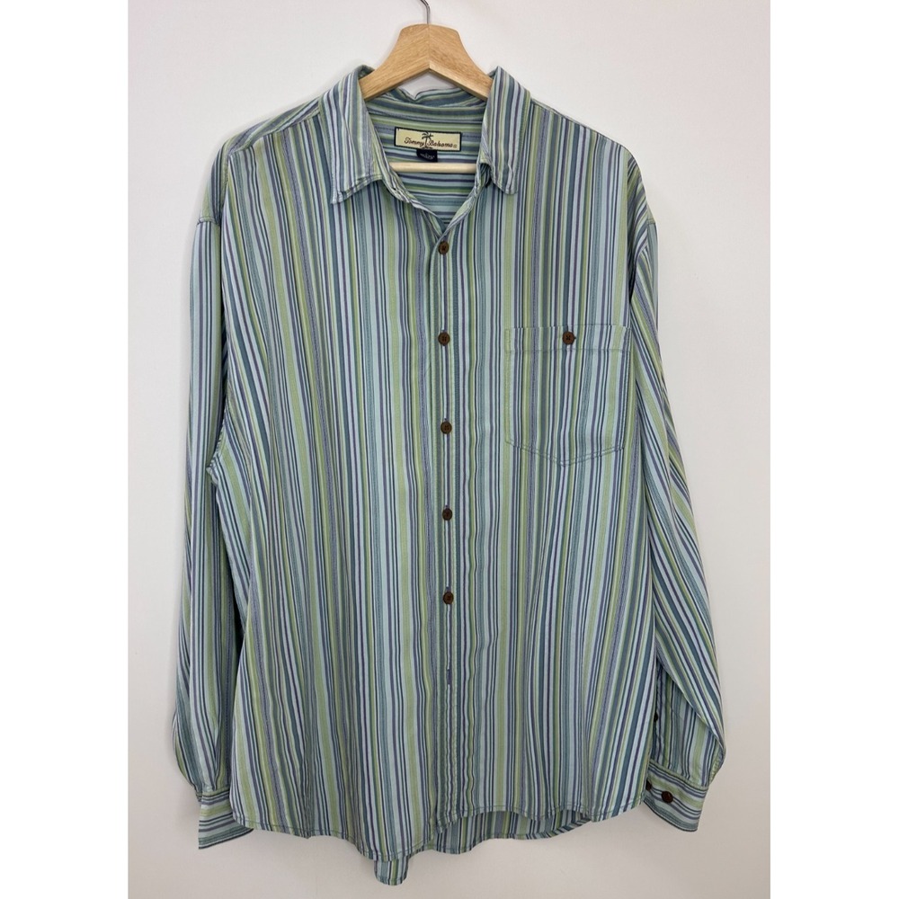 Tommy Bahama 100% Silk LS Striped Button Down Shirt Blue Mens Large Coastal Camp - Picture 2 of 13